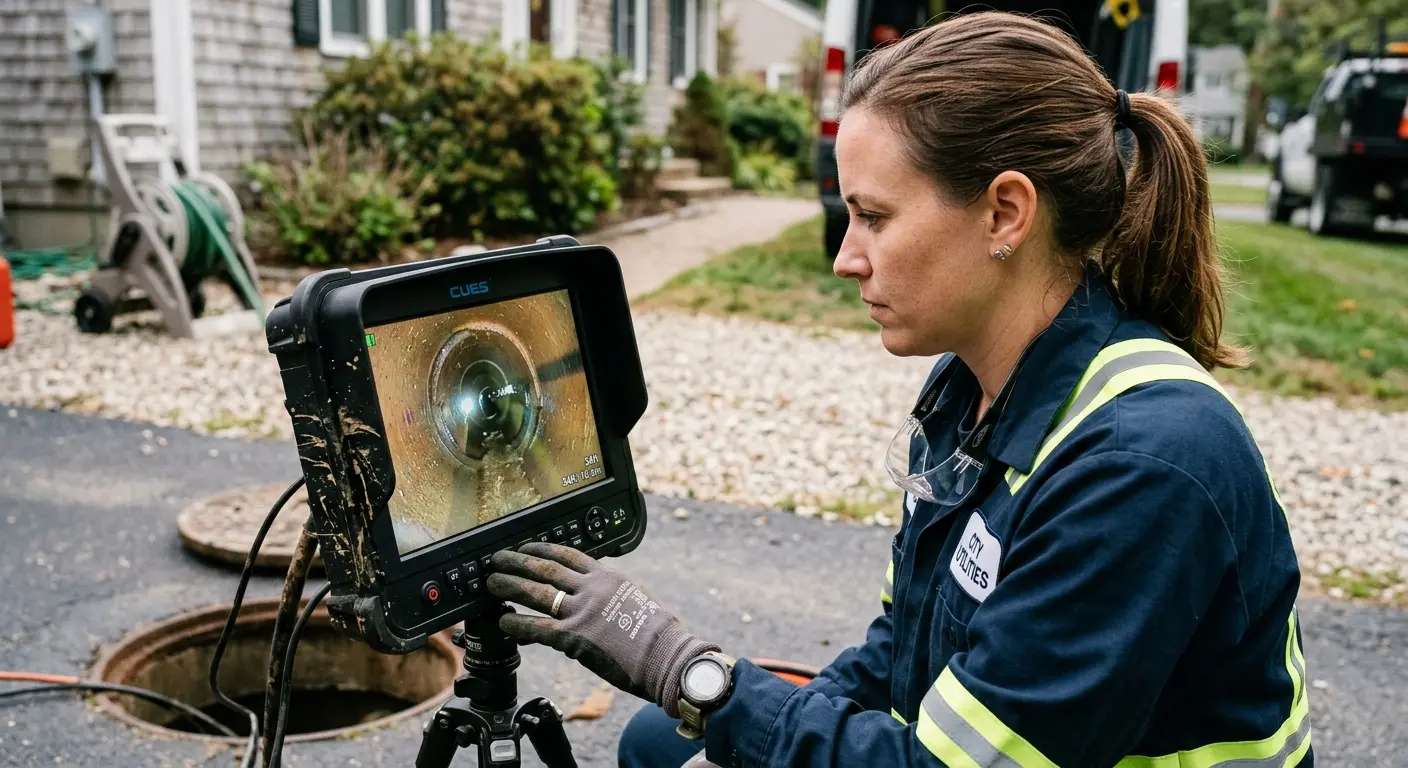 Technician reviewing sewer camera inspection footage in Indian Harbour Beach