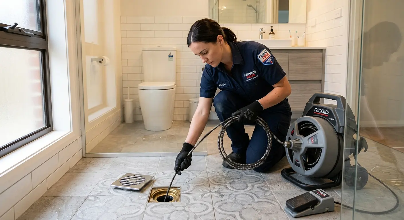 Technician clearing a bathroom floor drain for Drain Cleaning in Indian Harbour Beach